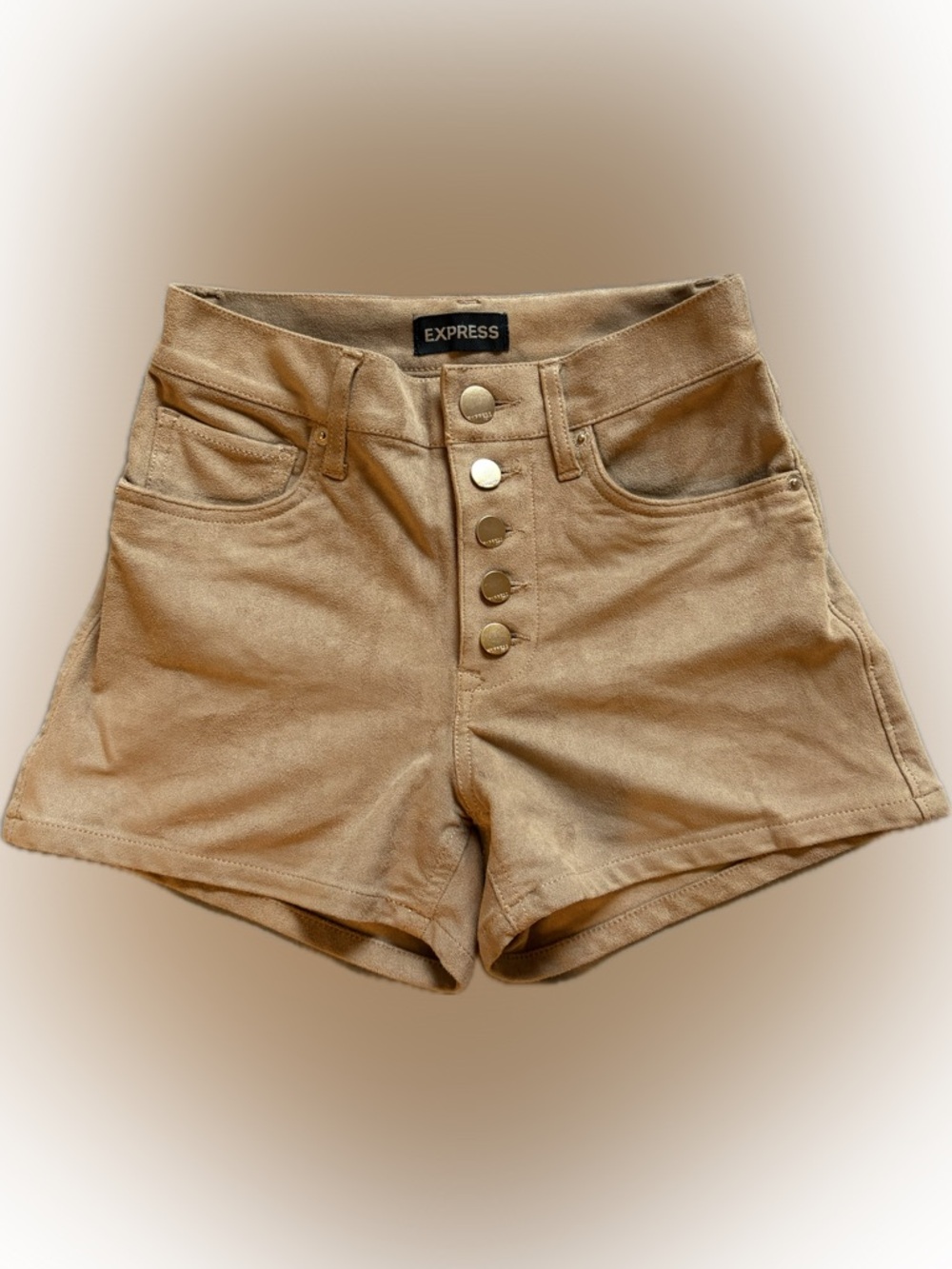 Express High-Waist Tan Faux Suede Button Front Shorts